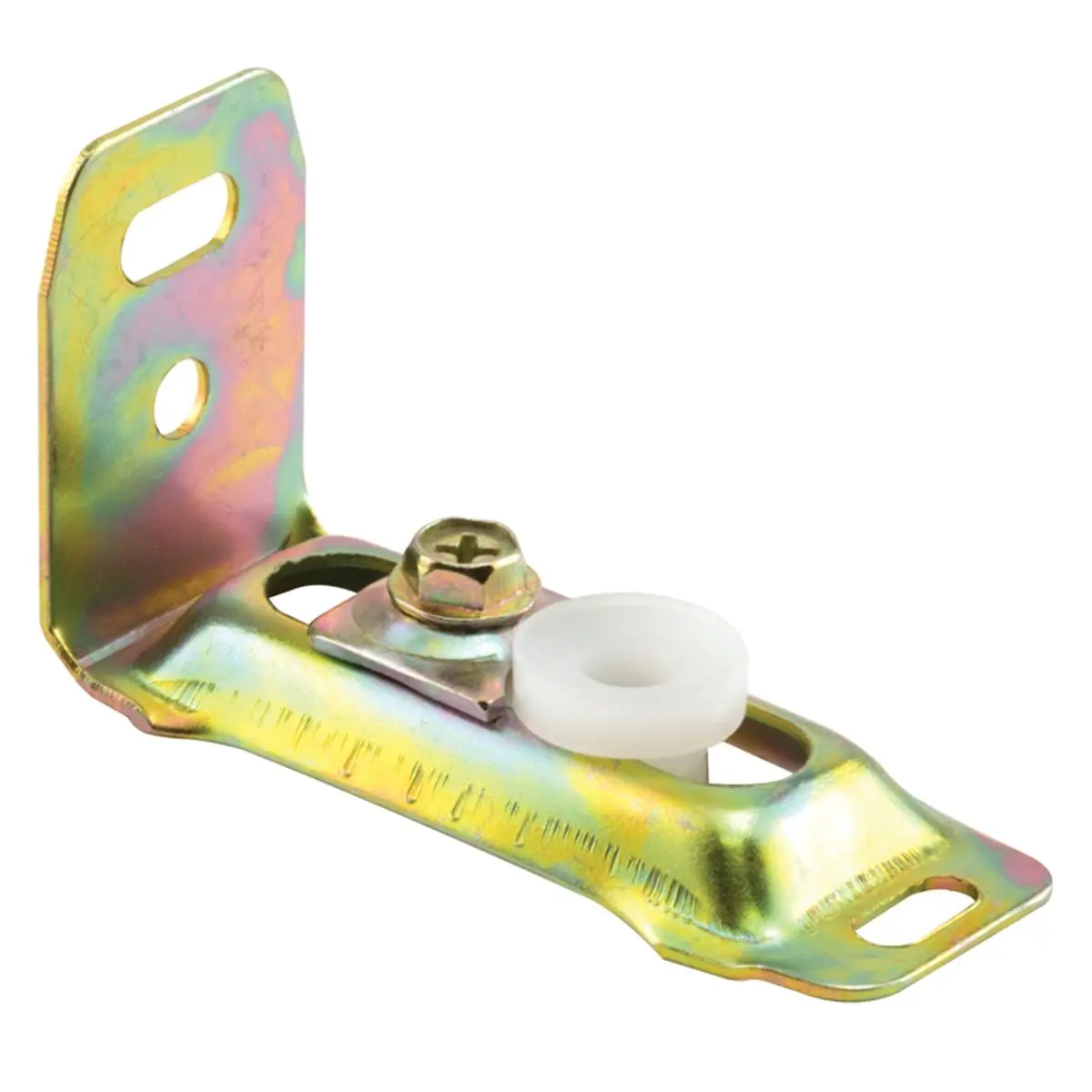 Prime-Line 5068036 Bottom Mount Floor-Mounting Steel Bi-Fold Door Pivot Bracket, Gold Zinc-Plated, 0.38 in Depth, 1.38 in Max Door Thickness, 1.63 in Height, 2.75 in Length, Adjustable Nylon Bushing