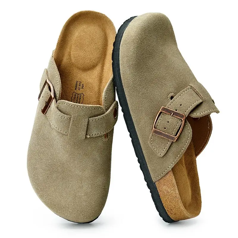 Trary Men's Genuine Leather Round Toe Clogs - Chic Retro Mules with Natural Cork Footbed and Arch Support, Adjustable Buckle, Non-Slip Rubber Sole Walking Footwear