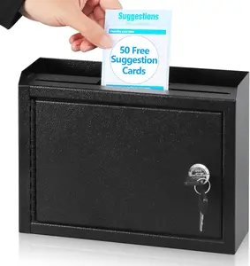 Suggestion Box with Lock and Slot, Small Locking Mailbox for Office, Wall Mount Safe /Key Drop Box with 50 Free Suggestion Cards, 9.8" W x 3" D x 7" H, Black