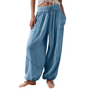 Women’s Loose Lantern Pants, Solid Color, Drawstring, Wide-Leg, Elastic Waistband, Casual Oversized Sports Pants
