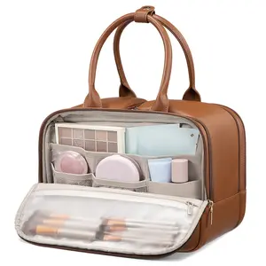 LOVEVOOK Travel Toiletry Bag for women, Leather Large Wide-open Makeup Bag, Waterproof Cosmetic Bag Organizer for Shower, Traveling, Toiletries, Bathroom