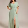 Ever-Pretty Plus Size Curvy Chiffon Bridesmaid Garment S0050 - Flattering Fit, Minimalist Pleated Short Ruffle Sleeves, V-Neck, Empire Waist, High Slit, Zipper Closure, Floor-Length Elegant Sweep Garment for Fall Weddings, Wedding Dresses Guest