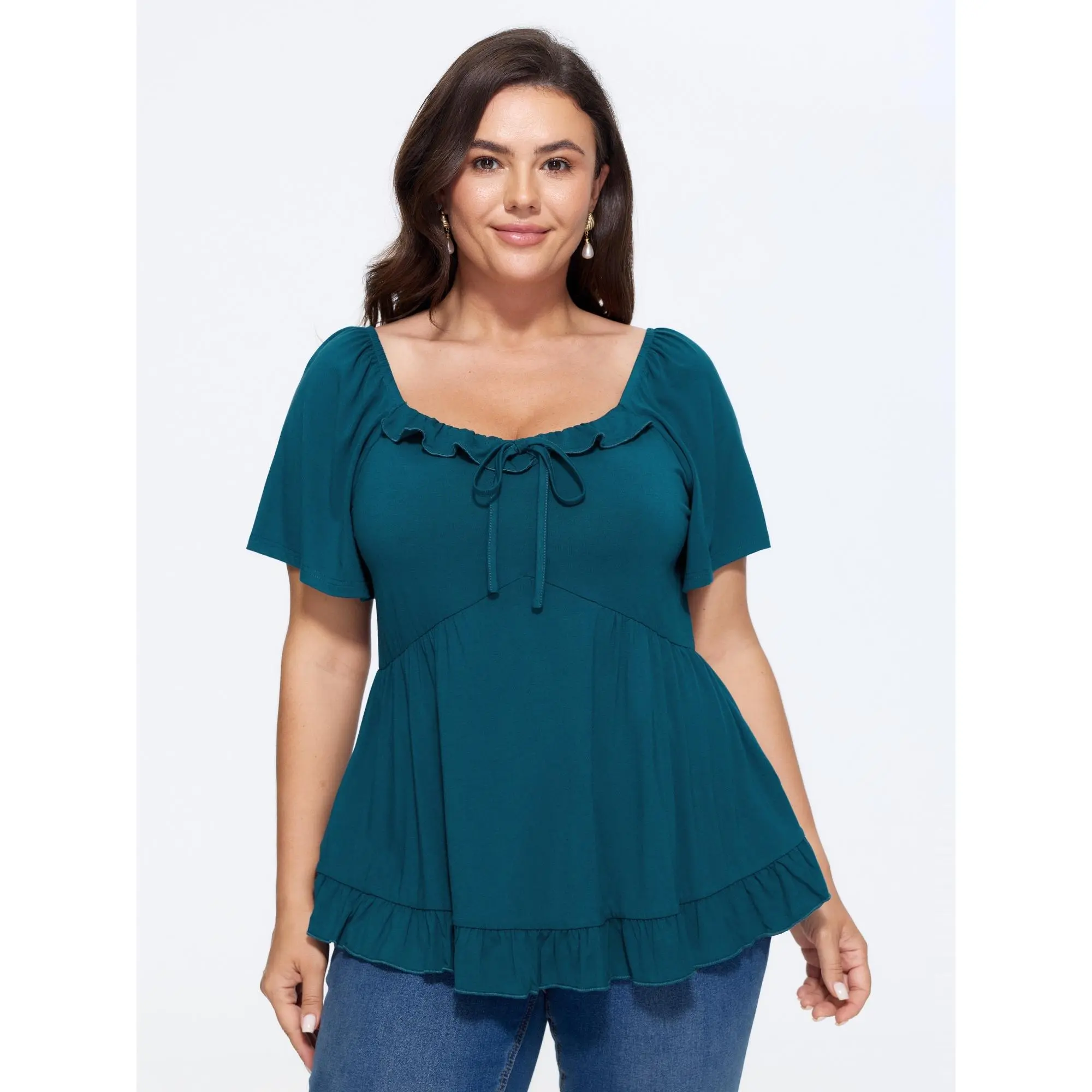 BloomChic Plus Size Stretchy Ruffled Edge Plain Knit Top 2026 [M-6X]Summerfinds,back to school,back to school shopping, Casual, Spandex