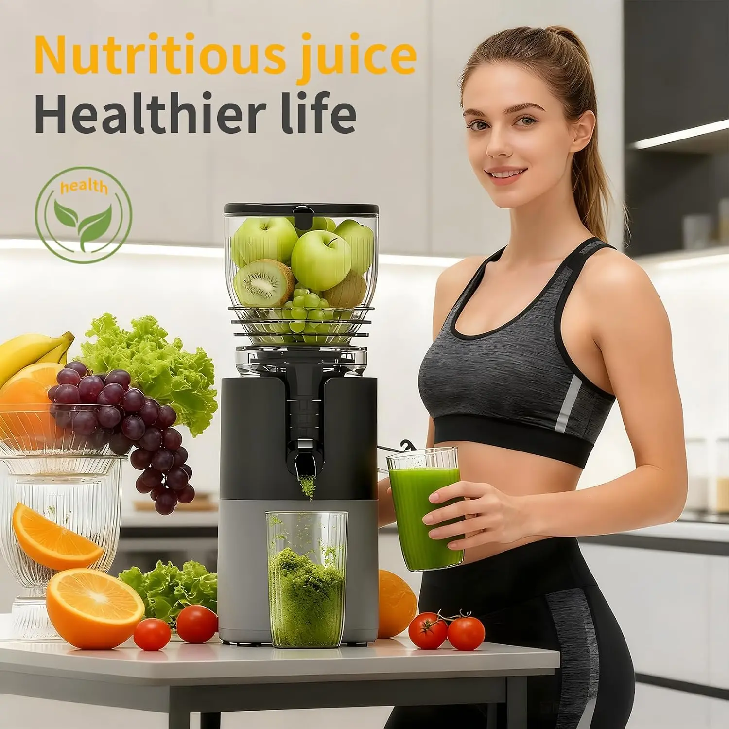 Mokero Home Cold Pressed Juicer - 6" Large Feed Chute, 57oz Capacity Slow Masticating Juicer, 300W High Power Counter Top Corded Juice Extractor for Whole Fruits & Vegetables, Easy to Clean, High Juice Yield, Dishwasher Safe
