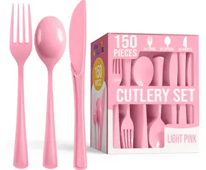 Party Solids Pink Plastic Silverware Heavy Duty 150 Pieces Pink Plastic Cutlery Sets, Utensil Sets, 50 Of Each Forks, Knives & Spoons Disposable Cutlery Set, Flatware Set For Party Supplies