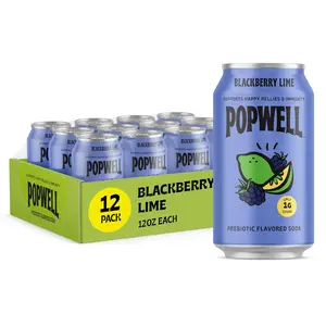 Popwell Blackberry Lime Better-For-You Prebiotic Soda, with 6g Fiber, 1g Sugar, Vitamins and Immunity Support, 12 fl oz Cans (pack of 12)