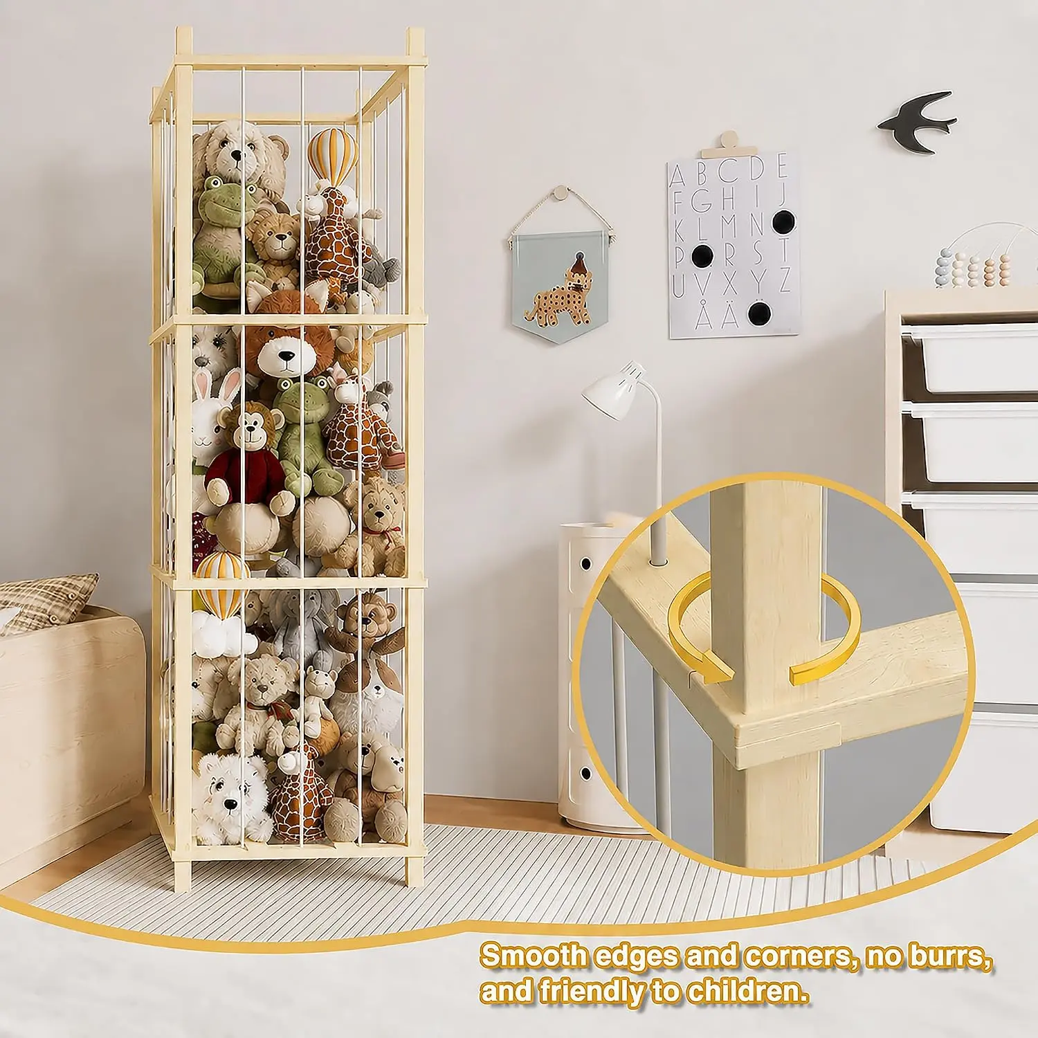 Solid Pine Stuffed Animal Storage, 56 Inch Extra-Wide & High Open Toy Organizer, Natural Wood Slat with Whole Rope Design, Hand-Polished Kids' Plush Tower for Playroom Bedroom DonYoung