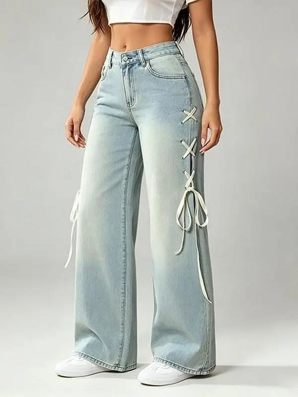 Women's Y2K High Waist Wide Leg Jeans, Vintage Light Blue Denim with Side Lace-Up Strap, Casual Loose Streetwear Pants Bottoms Button