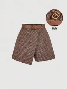 Women's Asymmetrical Waist Belt Shorts, Plaid High-Waisted Custom Short Pants, Vintage Fall Fashion, Teacher, Back-To-School, High Rise Shorts