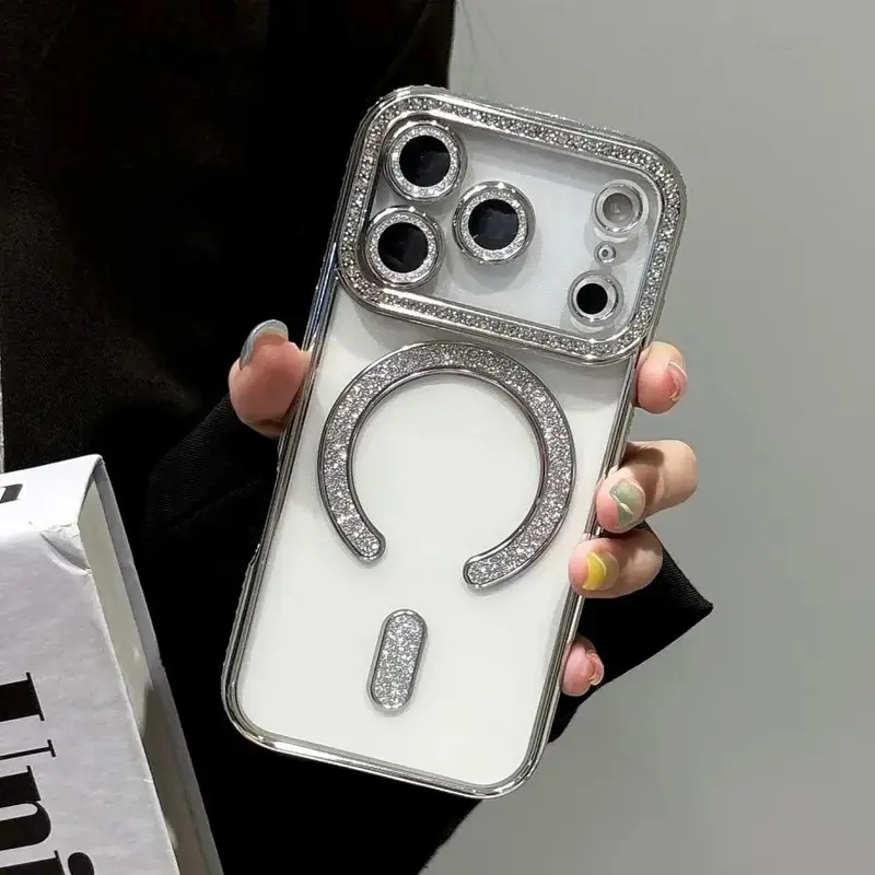 Glitter Diamond Magnetic MagSafe Protective Casing for iPhone 12-17 Pro Max - Fashion Cellphone Accessory with Lens Protection, Shockproof Coverage
