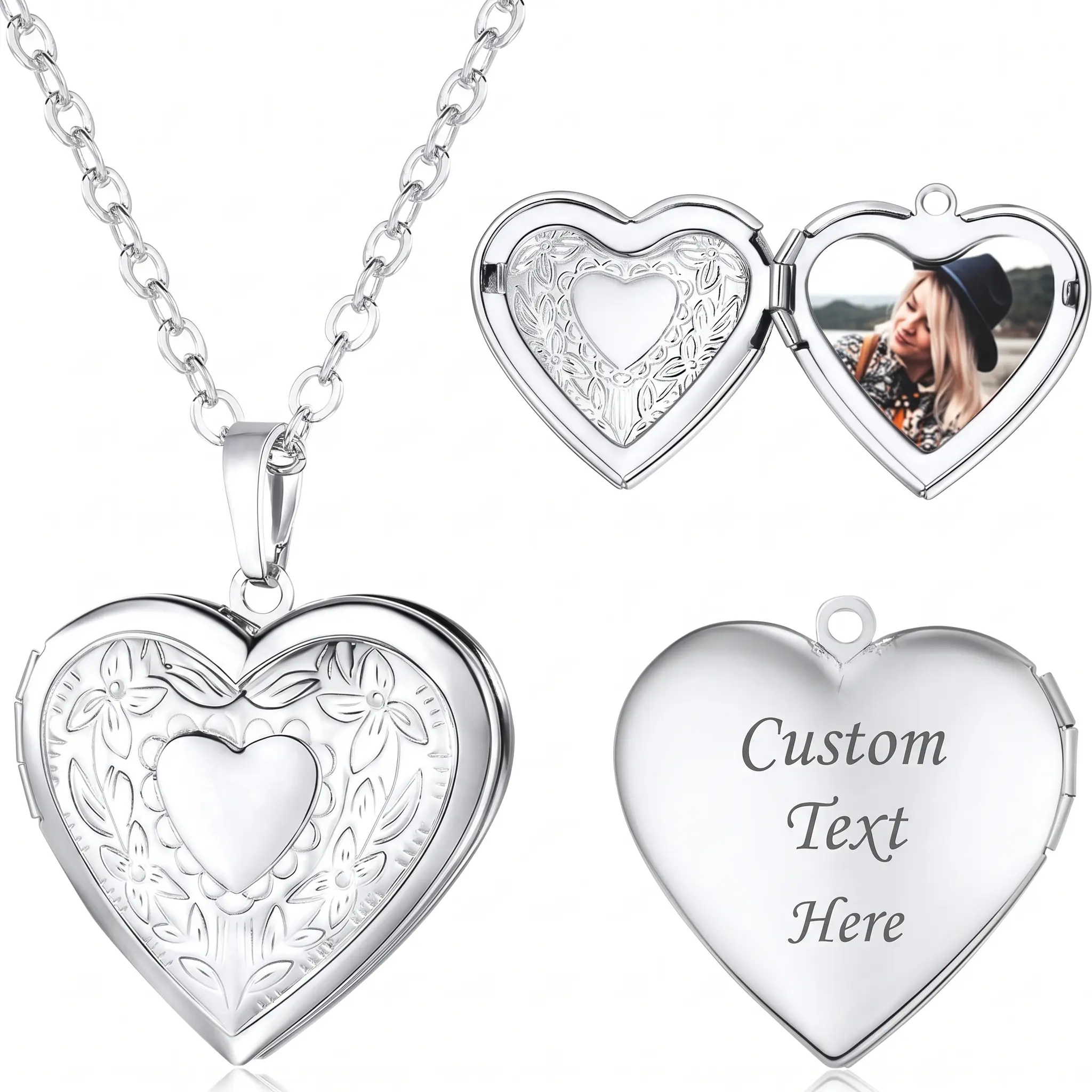 Personalized Heart Locket Necklace with Photo & Custom Text, Silver Tone Floral Engraved Picture Pendant, Custom Keepsake Jewelry for Women Mom Girlfriend Anniversary Birthday Mother’s Day Gift