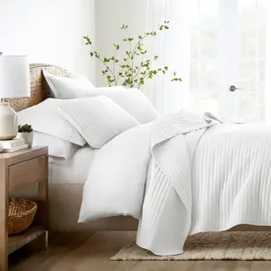 Stripes Floral and Diamonds Quilted Coverlet Set With Shams - Becky Cameron, Stripe Stitch  / White, Full/Queen