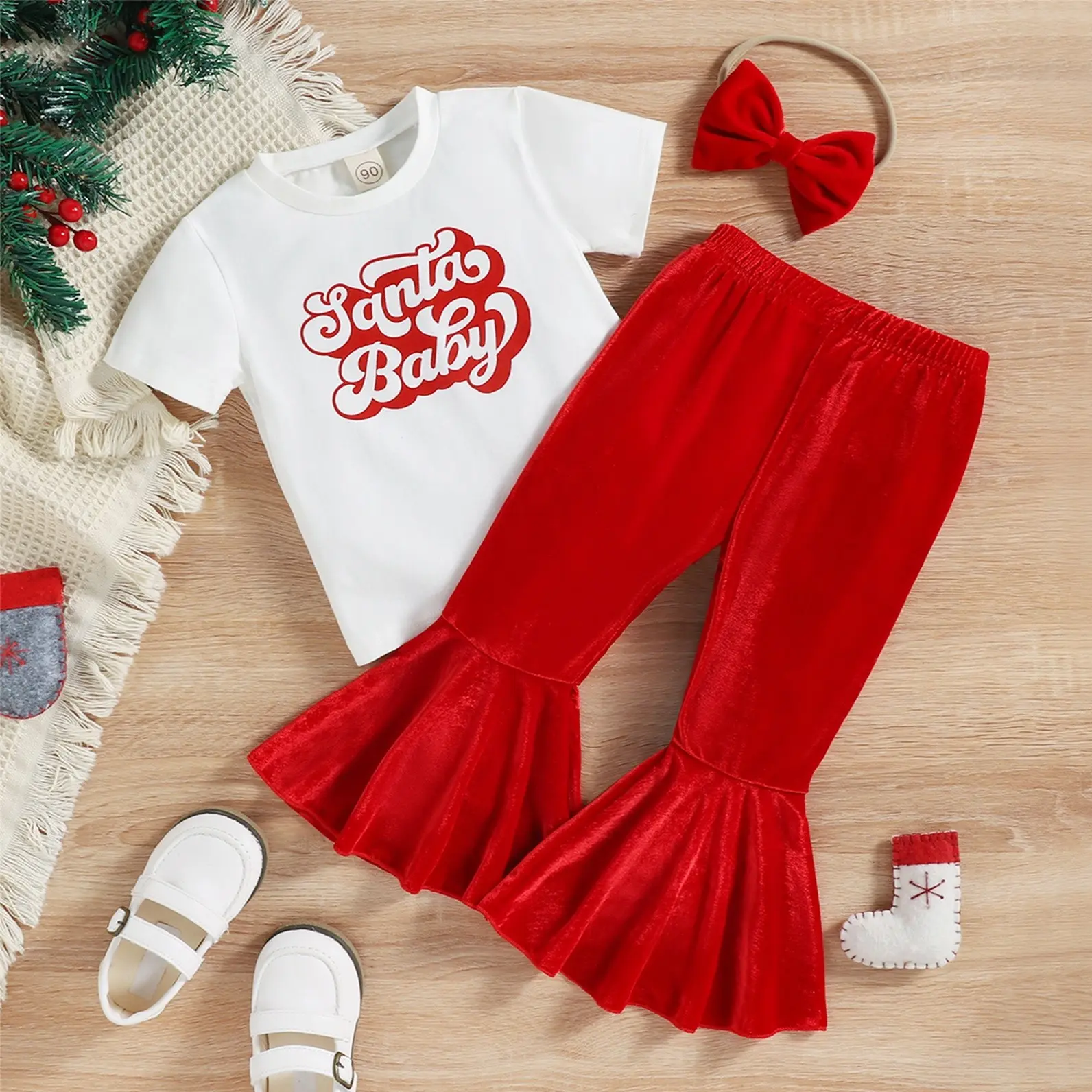 Girls' Christmas 3-Piece Outfits - Letter Print Short Sleeve Elastane Tops, Casual Velvet Flare Pants, Casual Wear Headband Set, Round Neck