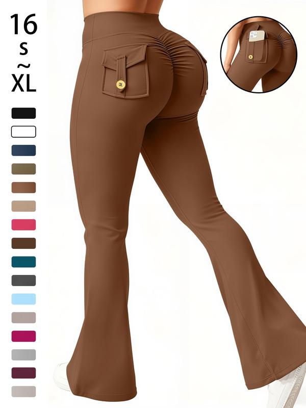 Women's High Waisted Tight Fit Flare Pants with Pockets, V-Shape Waist Design, Butt Lifting Yoga Pants, Casual Fall Winter Workout Wear, High Stretch Leggings