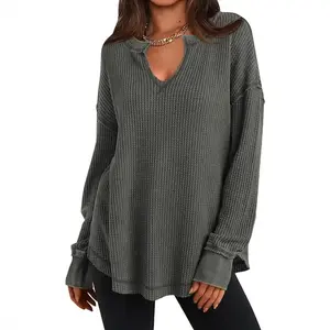 Women's casual knitted sweater for autumn and winter, solid color, long-sleeved, V-neck waffle knit sweatshirt top