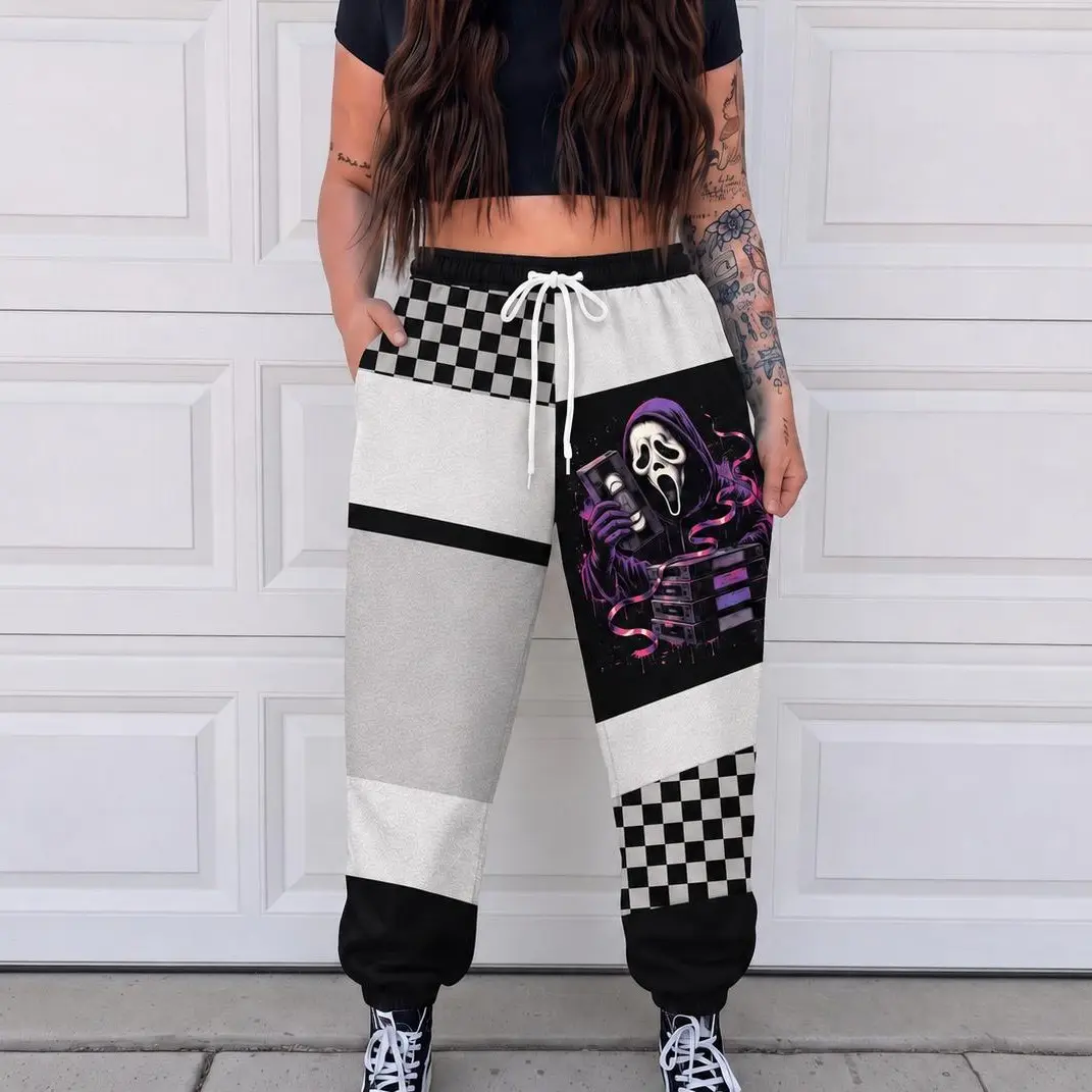 Black & White VHS Ghostface Sweatpants, Retro Scream Checkered Joggers, For Men & Women, Horror Fan Gift