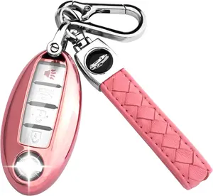 for Nissan Key Fob Cover with Keychain,Soft TPU Key Case Shell Full Protection for Altima Rogue Maxima Sentra Infiniti Armada Sedan Murano Pathfinder Frontier 3 4 5 Button Holder (Pink)