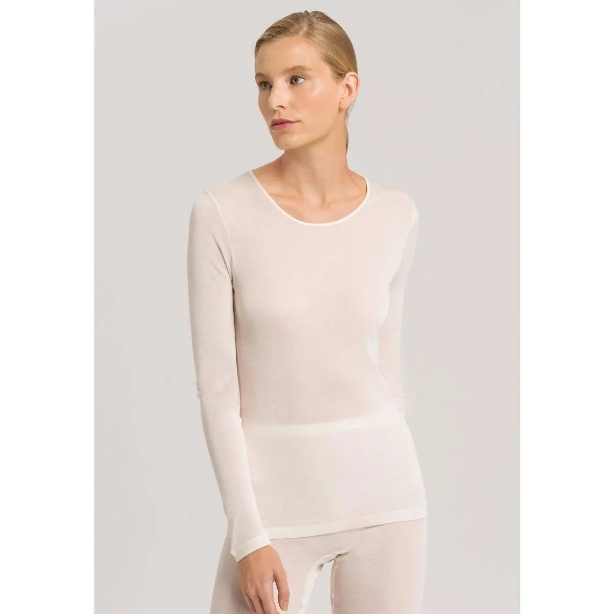 Women's Hanro Basic Pure Silk Long-Sleeve Knitwear Shirt - Rib-Knit Fit Scoop Neck Blouse, 1-Piece Stylish Layering Top for Womenswear, Layering Clothes, Style