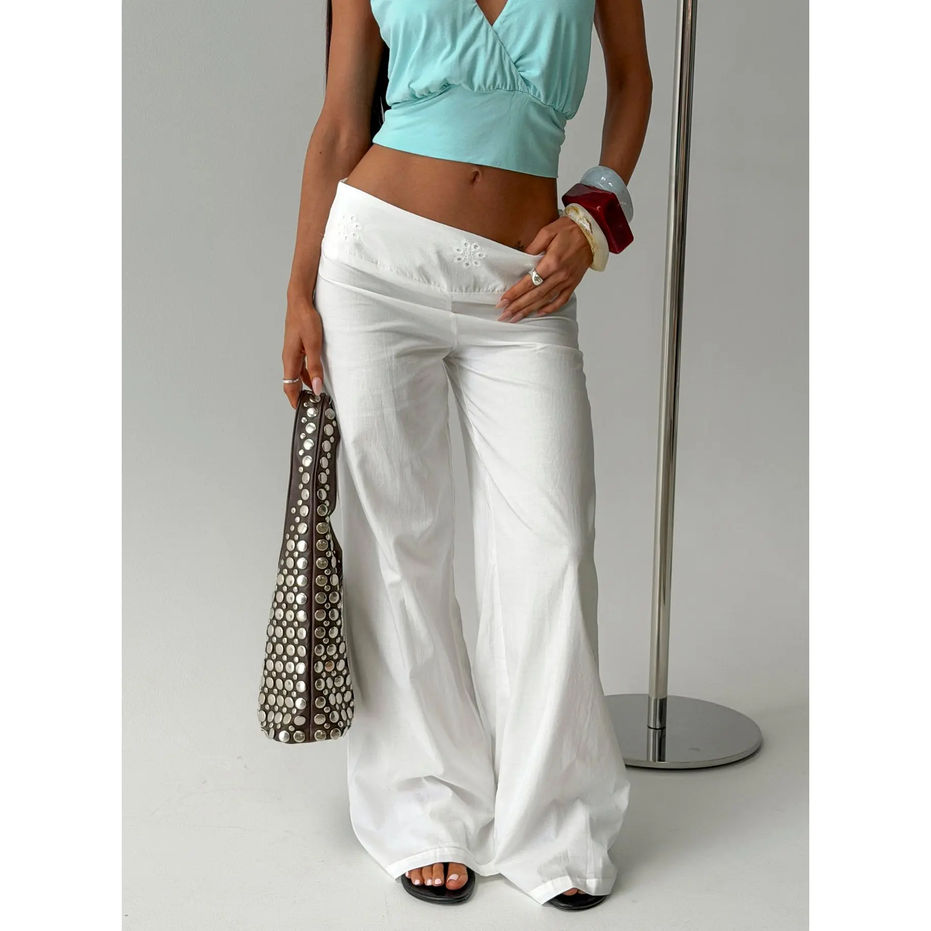 Slow Days Broderie Anglais Mid Rise Pants White
