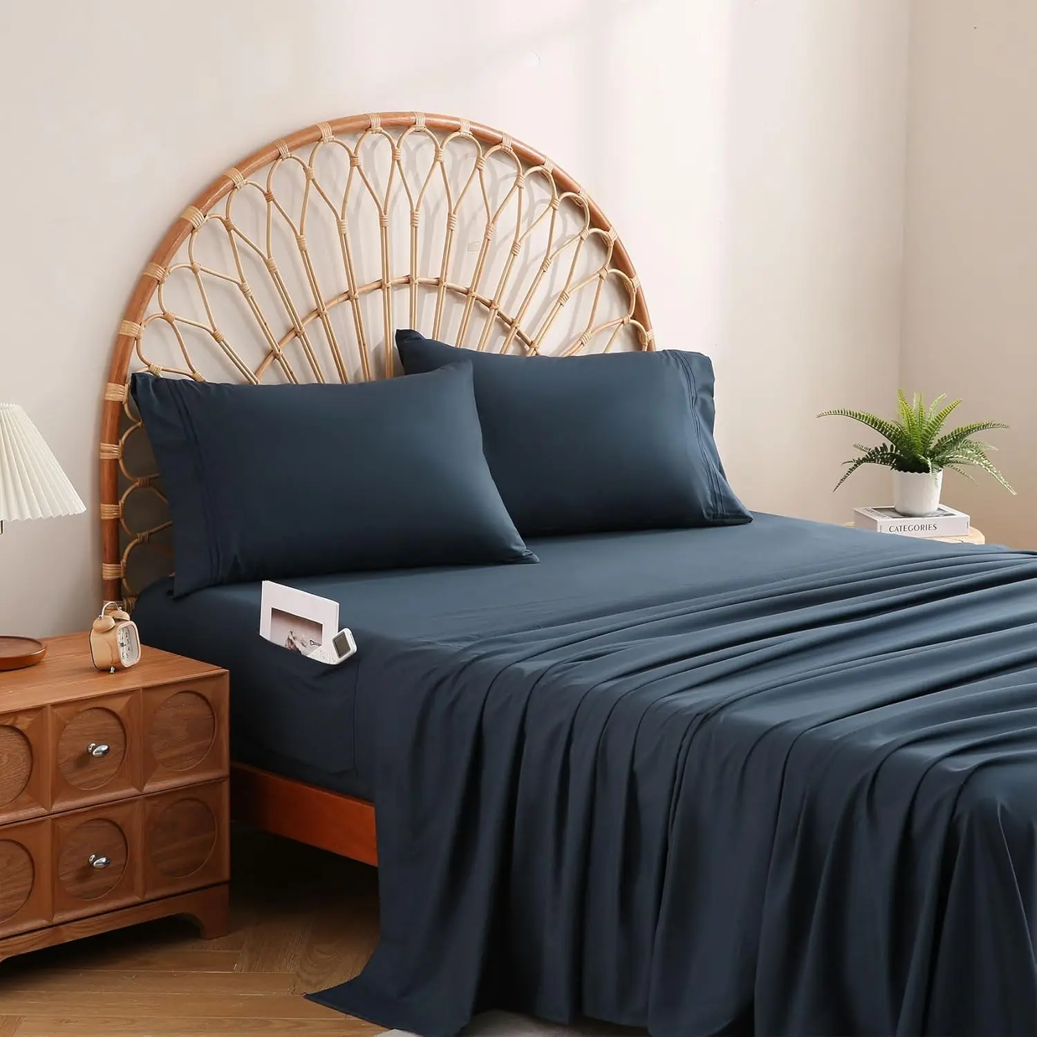 Navy Blue Sheet Set  Size, 4 count Microfiber Sheets with Side Pocket Corner Straps, Extra Deep Pocket Fitted Sheet