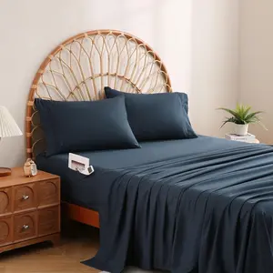 Navy Blue Sheet Set  Size, 4 count Microfiber Sheets with Side Pocket Corner Straps, Extra Deep Pocket Fitted Sheet