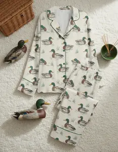 Duck Print Satin Pajama Set, Watercolor Mallard Duck Duck Hunting Satin Pajama Set, Fun & Stylish Mallard Duck Sleepwear, Pajama Gift For Her