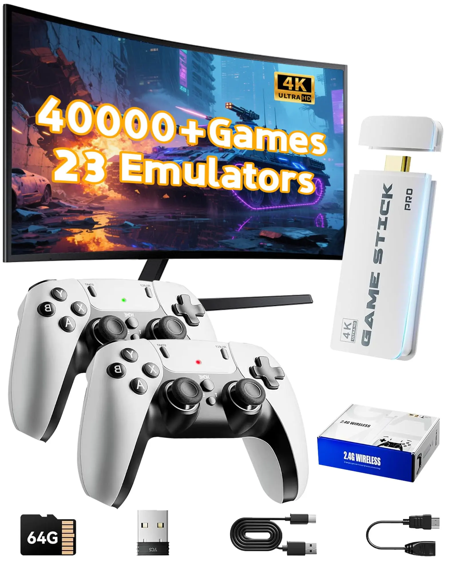 2026 New Video Retro Game Controller Console with 40000+ TV Games & 23 Emulators,2Ergonomic Wireless Controllers,64GB TF Card,4K HDMI Output, Perfect for All Ages, Button Stick