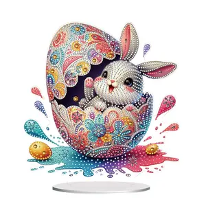 2D Flat Print Easter Egg Bunny DIY Double-Sided Printed Single-Side Drill Diamond Painting Tabletop Ornaments Kit 5D DIY Diamond Art Tabletop Decorations for Home Office Desktop Decor