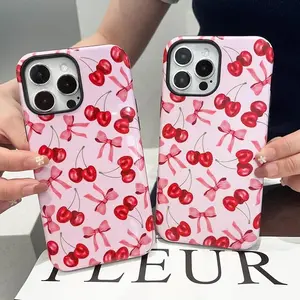 Cherry and bowknot pattern phone case, compatible with the latest iPhone 17/16/15 Pro Max, 15/16 Plus, and 13/14 models Features a double-layer TPU and PC construction for drop protection, and is designed specifically for women