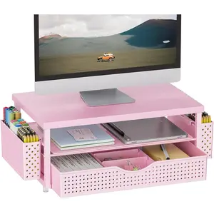 Wood Monitor Stand Riser, Desk Organizer with Drawer and 2 Pen Holders, 2-Tier Workspace Organizer for Office Supplies(Pink Wood)
