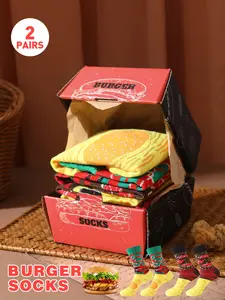 2 pairs of novelty and fun fashionable colorful hamburger socks in a gift box, can be used as Valentine's Day/Carnival/Ramadan/St. Patrick's Day/Easter/Mother's Day/Father's Day gifts/party supplies and family day party gifts, suitable for all seasons