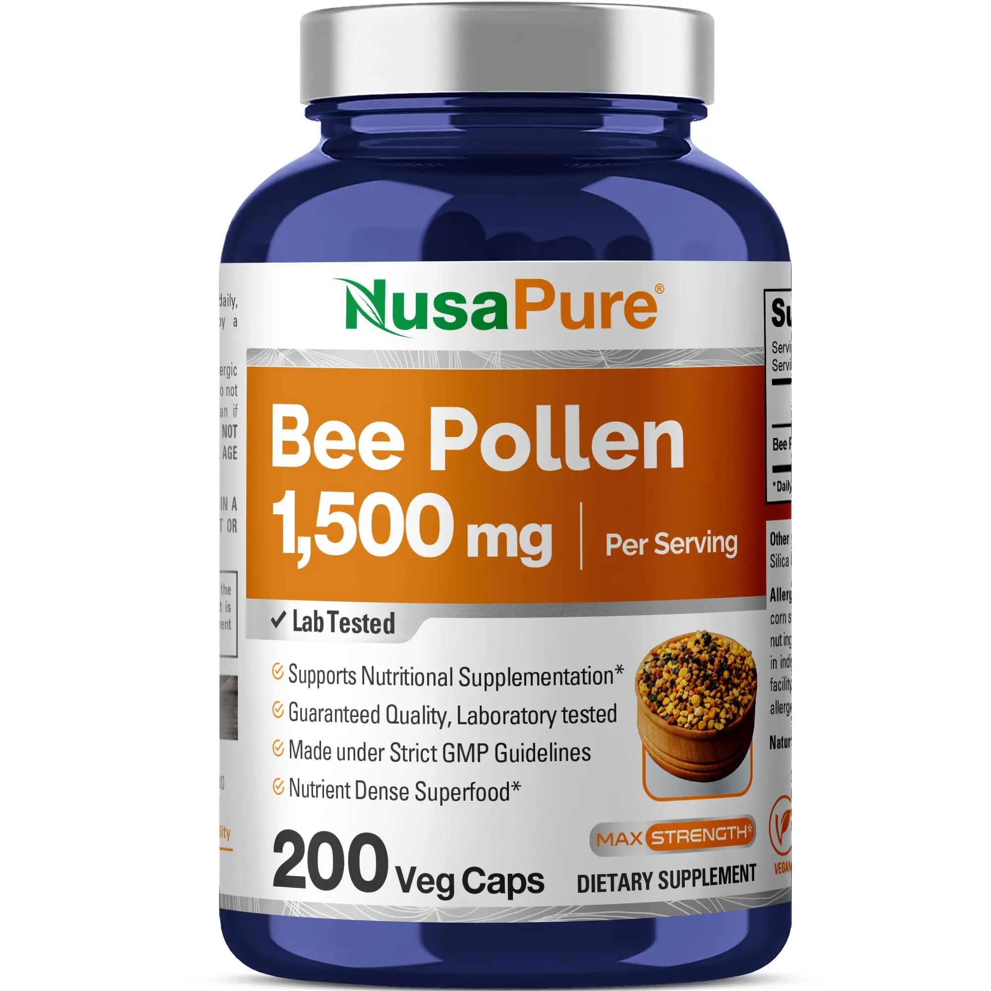 NusaPure Bee Pollen Dietary Capsules - 1500mg, 200 Vegan Veggie Caps, 100% Vegetarian, Non-GMO, Natural Proteins & Amino Acids, Energy Boost, Antioxidants, Immunity & Body Health Support, Daily Nutritional Supplement, Vegan Capsules Vitamins Supplements