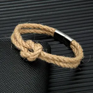 Minimalist Men Women Natural Jute Bondage Rope Square Knot Bracelet Stainless Steel Magnet Buckle Infinity Couple Jewelry