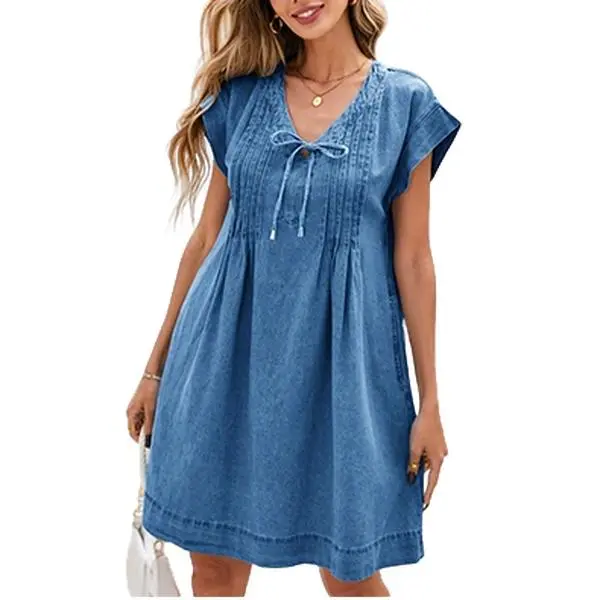 Women's Casual Denim Mini Dress - Short-Sleeve, Tie V-Neck, Loose Fit, Babydoll Silhouette for Summer Casual Wear, Dollhood Styles, Feminine Designs, Dollhood Casual Dresses