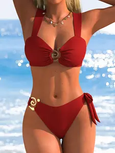 Women's Sexy Bikini Set, Metal Spiral Decor Side Tie Swimsuit, Summer Beach Vacation Two-Piece Swimwear, Fitted Plain Design, Bikinis Sets