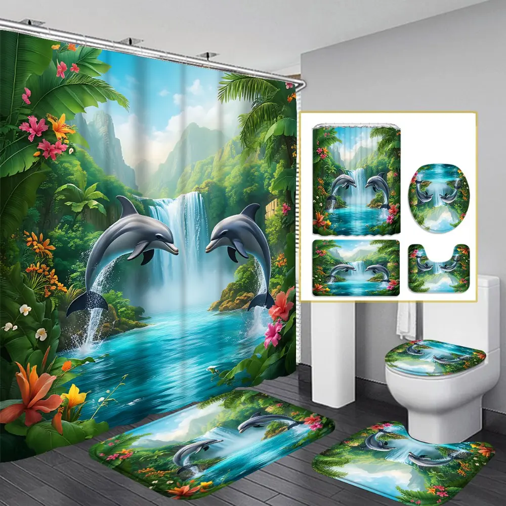 1PC/4PCS 2D flat Tropical Waterfall, Dolphins Leaping, Multicolor, Flowers patterned shower curtain with a modern design for home bathroom decor, shower curtain set includes 12 hooks, non-slip bath mat, toilet seat cover