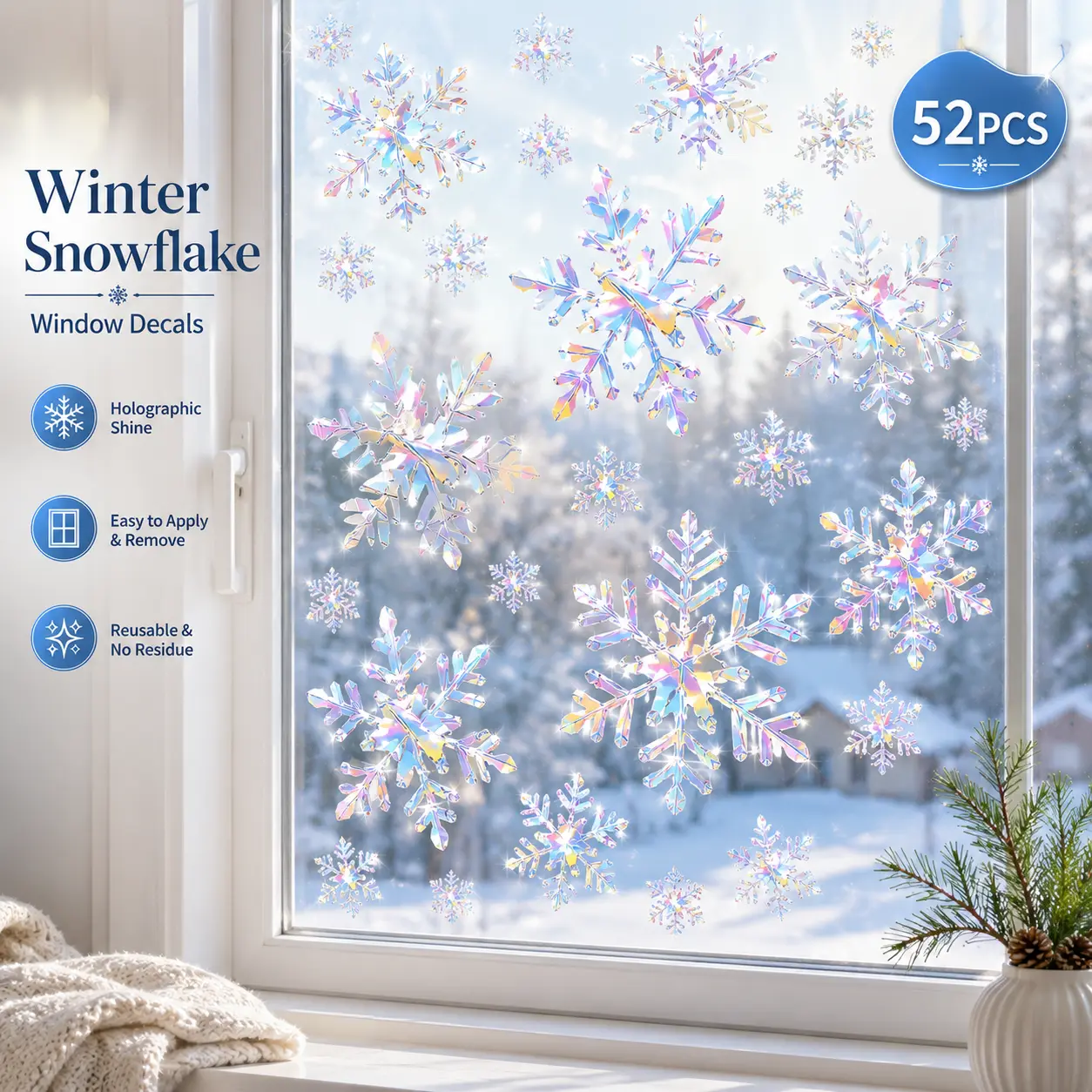 Christmas Window Clings Christmas Rainbow Prismatic Winter Snowflake Window Decals Decorations for Glass Window 52 Pcs Stickers Decorative