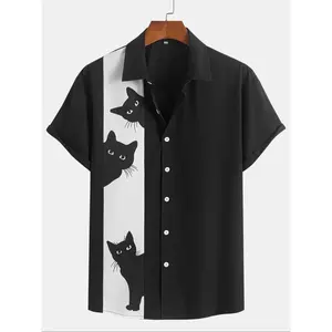 Men's Colorblock Cat Print Shirt, Regular Fit Casual Short Sleeve Collared Top for Summer, Men's Clothes for Daily Wear