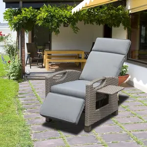 Outdoor Recliner Chair, Patio Recliner with Hand-Woven Wicker, Flip Table Push Back, Adjustable Angle, Thickness Cushions, Reclining Lounge Chair for Indoor and Outdoor, Gray On-Site