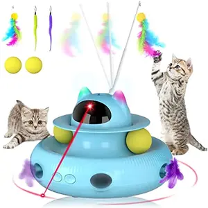 Cornmi 4-in-1 Interactive Indoor Cat Toy with Laser and Retractable Feather Wand, USB Rechargeable, Blue