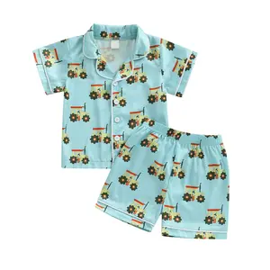 REDWOON Kids Baby Boy Satin Pajamas Set Short Sleeve Tractor Print Button Down Shirt And Shorts Pjs Summer Sleepwear Nightwear