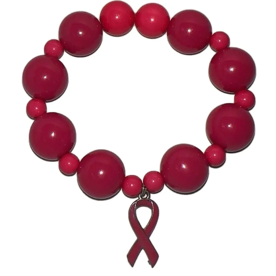 Stretchy Pink Beaded Bracelet with Pink Ribbon Accent