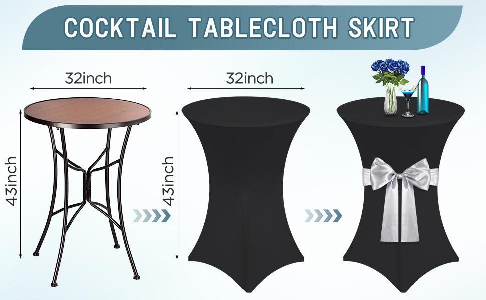 4 Pcs Black Spandex High-Top Cocktail Table Covers with Silver-White Satin Bow Sashes, 32"x43" Round Tablecloths, 4-piece black table cover with silver-white straps, Wineglass Centerpiece & Household Items Decor for Weddings, Bar Parties