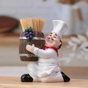 2pcs Charming Chef-Themed Toothpick Holder with Wooden Bucket - Resin, No Power Needed, Perfect for Home, Party & Tabletop Decor