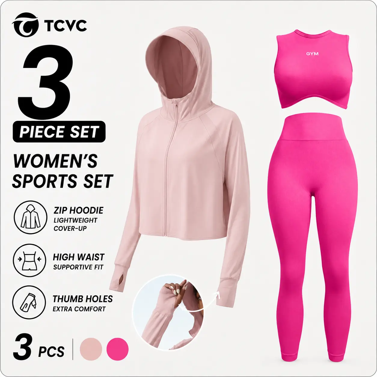TCVC Women's 3-Piece Workout Set: Zip-Up Hoodie Jacket, Sports Bra & High Waist Leggings, High Elastic & Breathable, Tummy Control & Quick Dry, Activewear for Gym, Running & Outdoor Activities