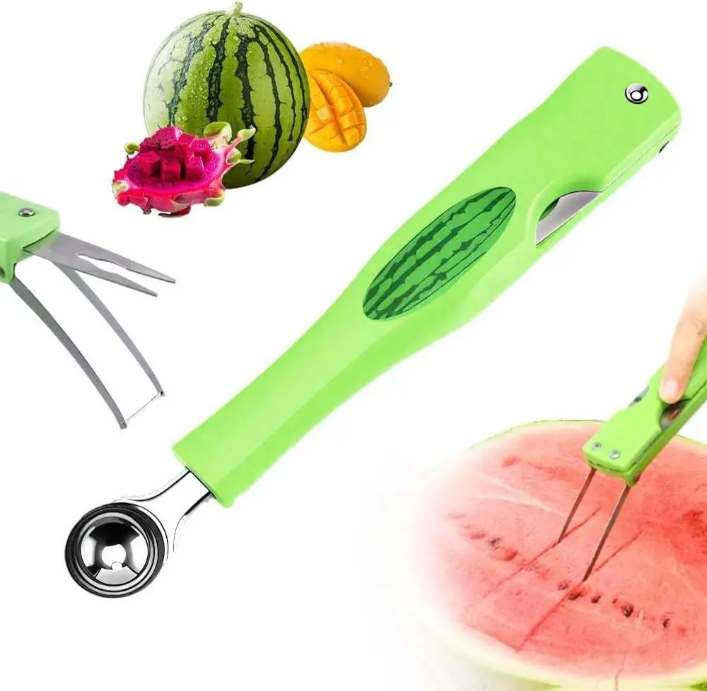3-in-1 Stainless Steel Watermelon Baller & Scooper Set - Lightweight Reusable Watermelon Fork Slicer, Dicer, Cutter, Fruit Vegetable Utensil, 22x3cm/8.7x1.2in, Portable Kitchen Gadget for Family Summer BBQs