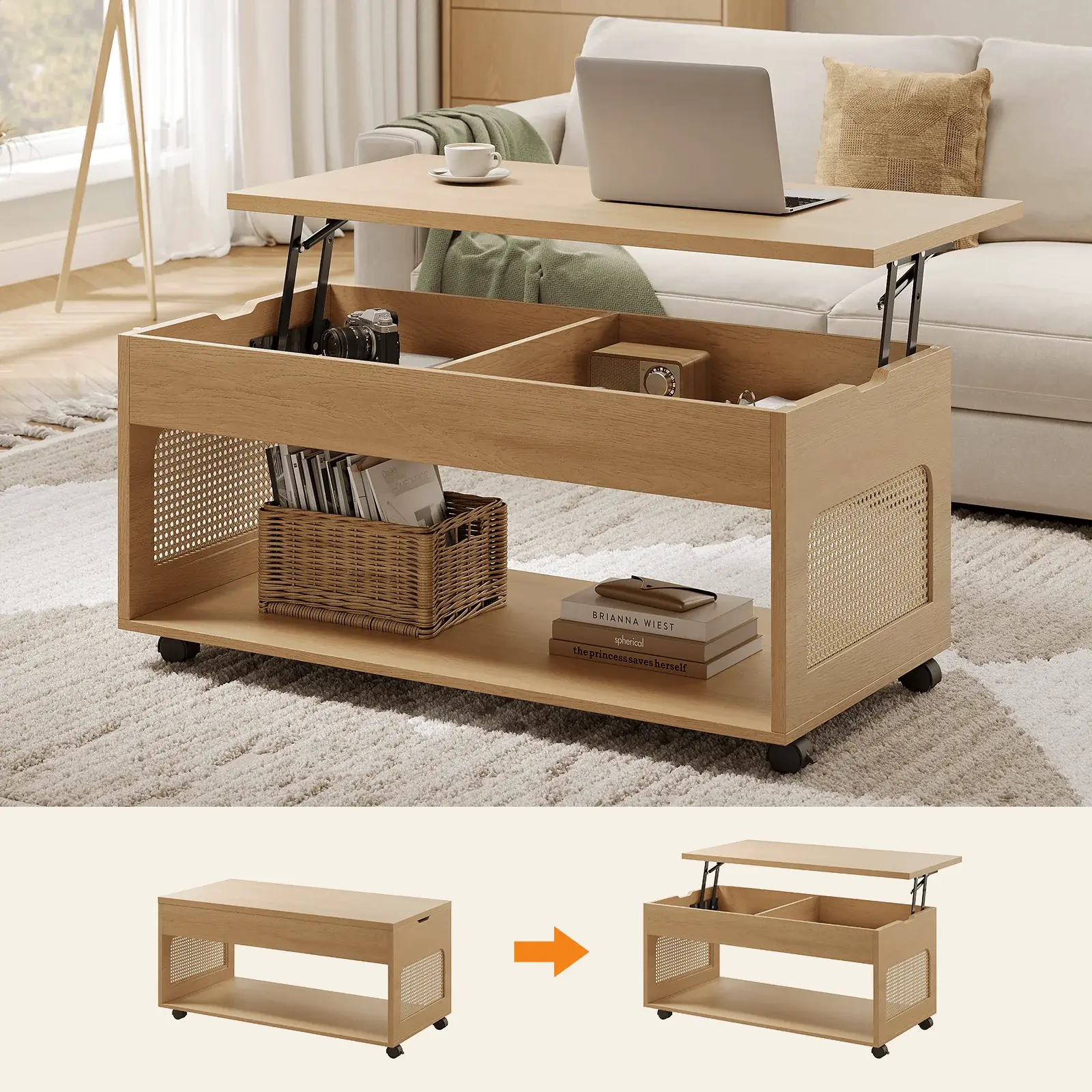 Sikaic 2-in-1 Lift-Top Rattan Coffee Table - Extensible, Crafted, Flat-Top, Furniture-Style Indoor Living Room Table with Wheels, Hidden Compartment, Large Storage Shelf, Natural Color, Extensible Coffee Tables, Crafted Coffee Tables