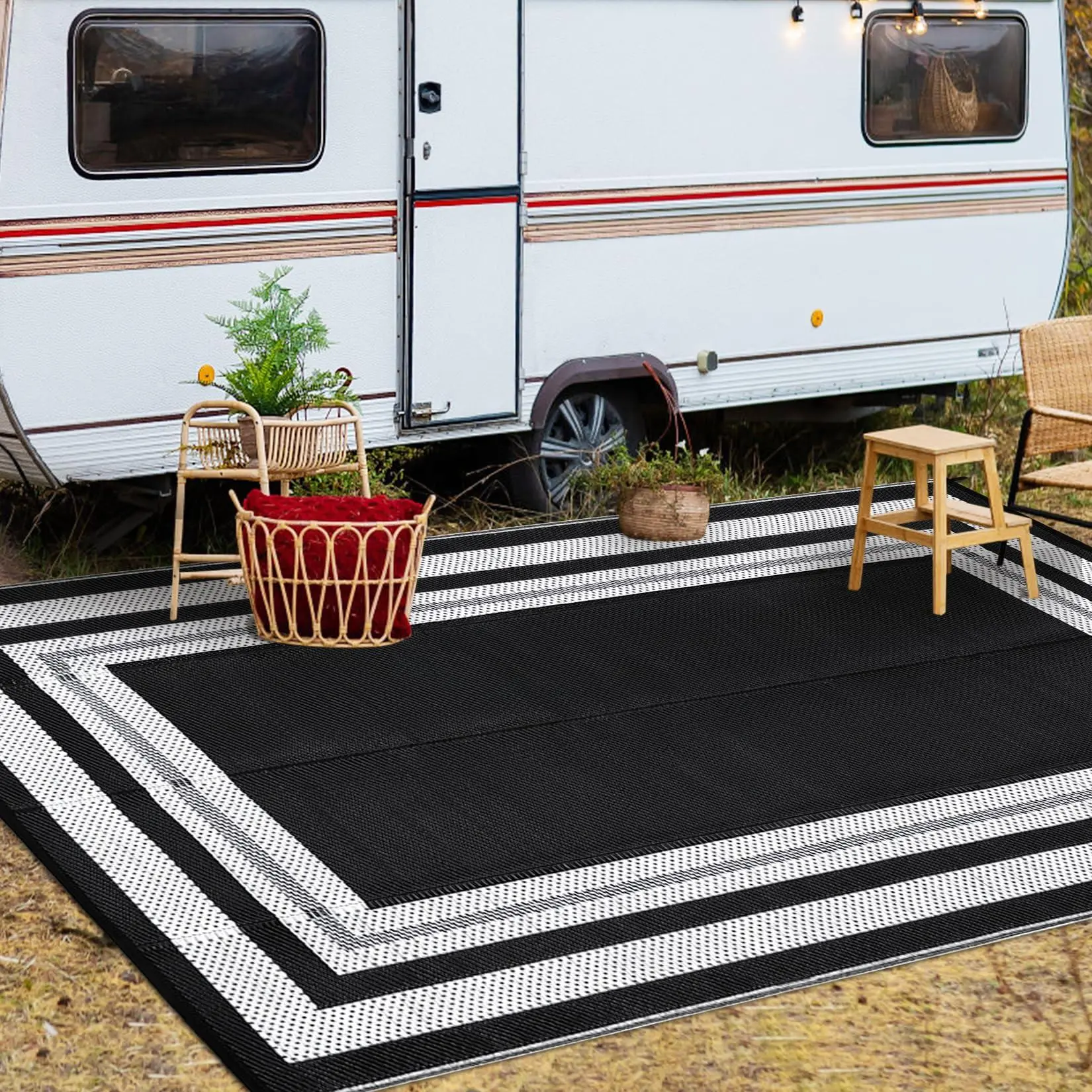 Outdoor Rug 10x14 Large Rug Plastic Straw Rug Waterproof Outdoor Patio Rugs Reversible Portable Camping Rugs Lightweight Floor Mat for RV Porch Balcony Patios Picnic Black/White Panel