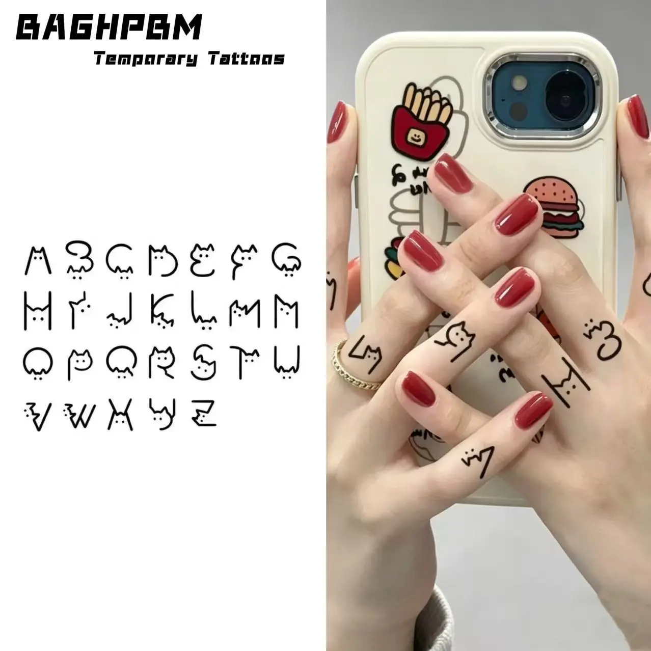 BAGHPBM 2-Piece Pre-Packaged Low-Toxic Herbal Temporary Tattoo Sticker Sheets - Cute Kawaii DIY Abstract Cartoon Cat-Themed Oblong Small-Pattern English Lettering Tattoo Art, All Skin Types, for Youth Wrist, Collarbone, Two Piece Set, Suitable All
