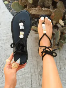 Women's Bohemian Foot Ring Strap Sandals, Beaded Flat Slip-On Slippers, Casual Summer Shoes for Vacation and Commuting